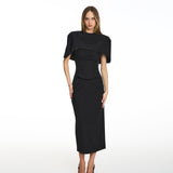Envy Cinched Cape Black Midi Dress