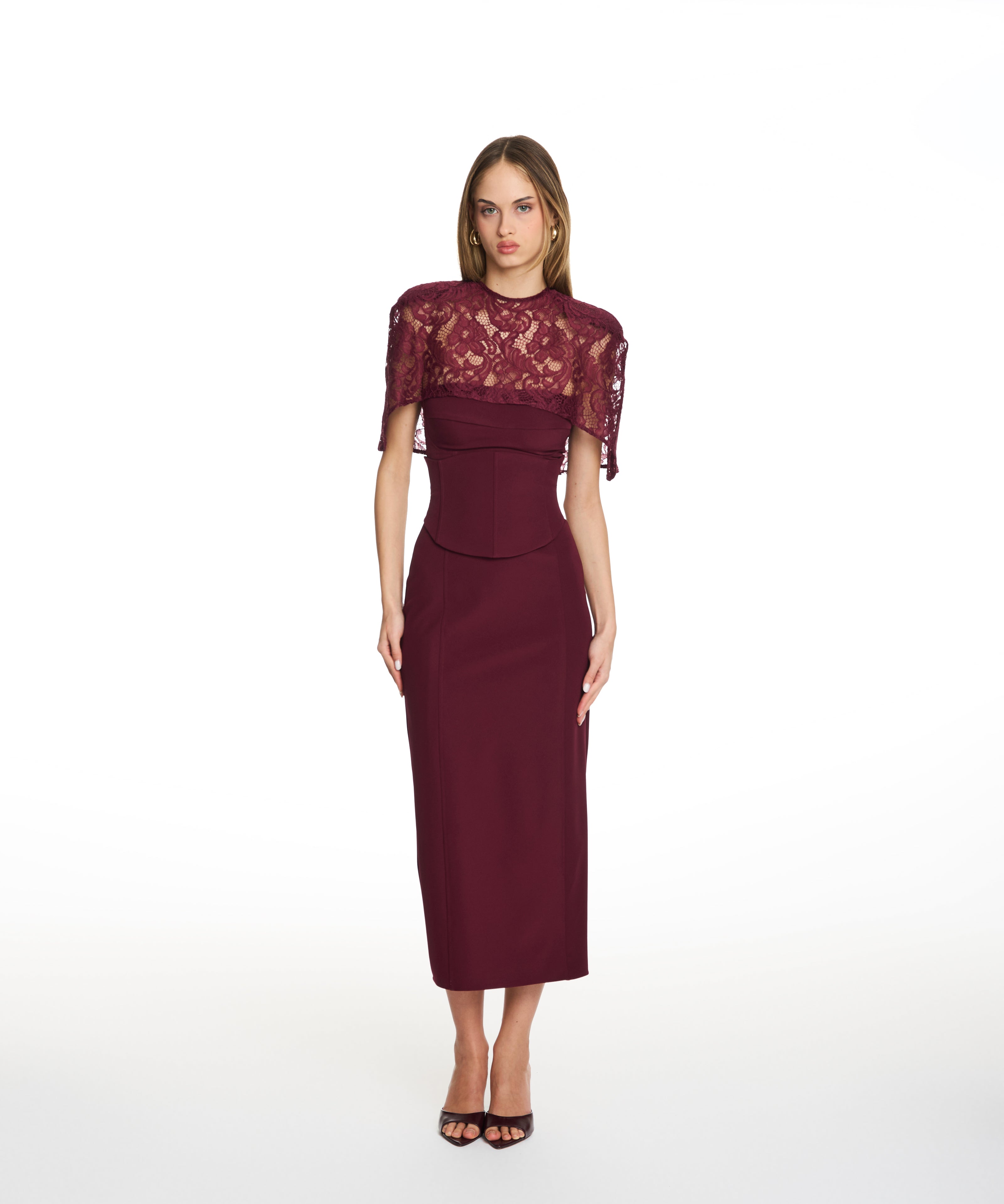 Envy Lace Cinched Burgundy Midi Dress AXEL 113 Envy Lace Cinched Burgundy Midi Dress AXEL 113