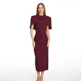 Envy Cinched Cape Burgundy Midi Dress
